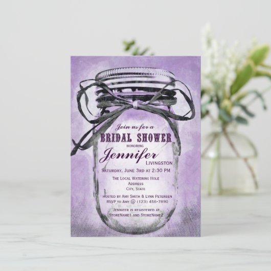 Paarse Mason Jar Bridal Shower-uitnodigingen van h Kaart (Staand voorkant)
