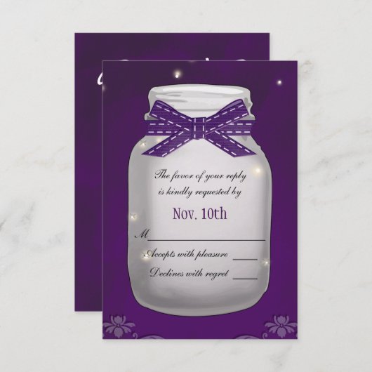 Paarse Mason Jar met Fireflies RSVP-reactiekaart RSVP Kaartje (Voorkant / Achterkant)