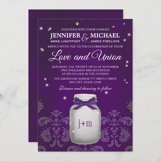 Paarse Mason Jar met gevuurde gevechtsvliegtuigen  Kaart (Voorkant / Achterkant)