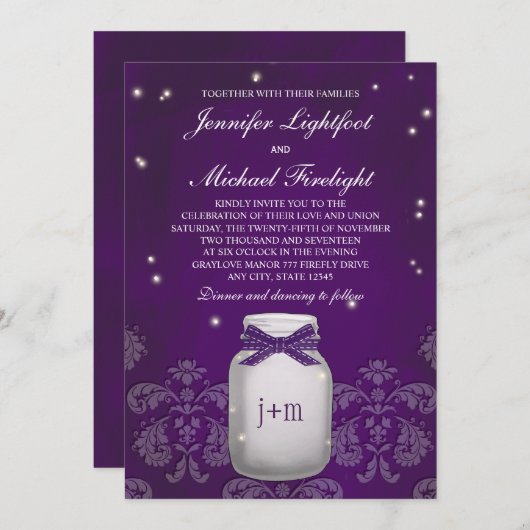 Paarse Mason Jar met gevuurde gevechtsvliegtuigen  Kaart (Voorkant / Achterkant)