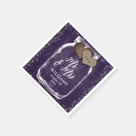 Paarse Mason Jar Rustic Wood Mr & Mrs Wedding Servet (Hoek)