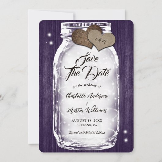 Paarse Mason Jar String Lights Rustieke Hout Weddi Save The Date (Voorkant)