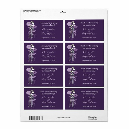 Paarse Mason Jar Wedding Favor Labels (Full Sheet)