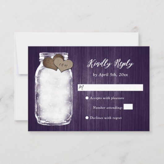 Paarse Mason Jar Wood Lights Wedding RSVP Kaart (Voorkant)