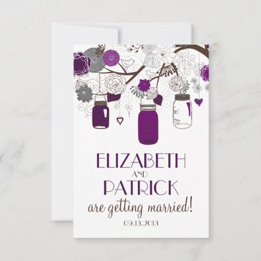Paarse Mason Jars en Flowers Wedding RSVP Kaart (Achterkant)