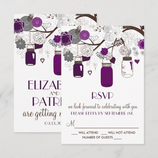 Paarse Mason Jars en Flowers Wedding RSVP Kaart (Voorkant / Achterkant)