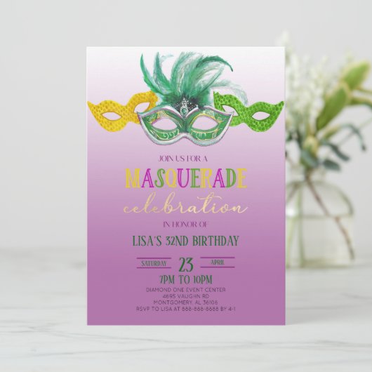 Paarse Masquerade Ball Party Mardi Gras Birthday I Kaart (Staand voorkant)