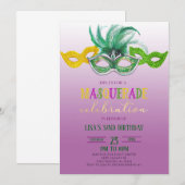 Paarse Masquerade Ball Party Mardi Gras Birthday I Kaart (Voorkant / Achterkant)
