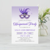 Paarse Masquerade Ball Party Mardi Gras Birthday Kaart (Staand voorkant)