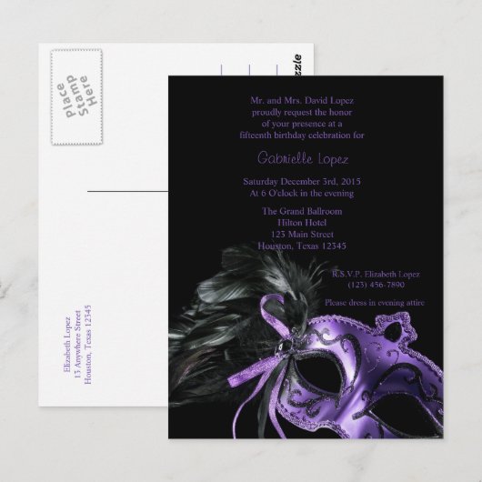 Paarse Masquerade Ball Quinceanera 15e verjaardag Briefkaart (Voorkant / Achterkant)