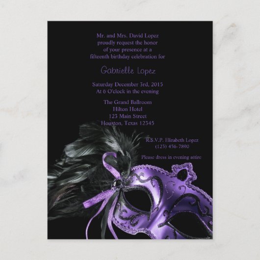 Paarse Masquerade Ball Quinceanera 15e verjaardag Briefkaart (Voorkant)