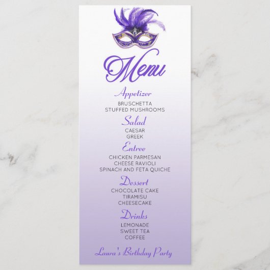 Paarse Masquerade Birthday Party Flat Menu (Voorkant)