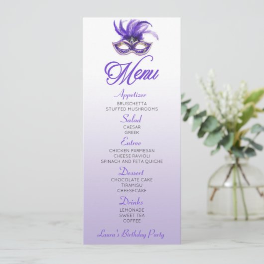 Paarse Masquerade Birthday Party Flat Menu (Staand voorkant)