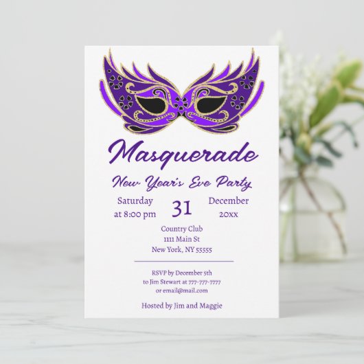 Paarse Masquerade New Years Party Kaart (Staand voorkant)