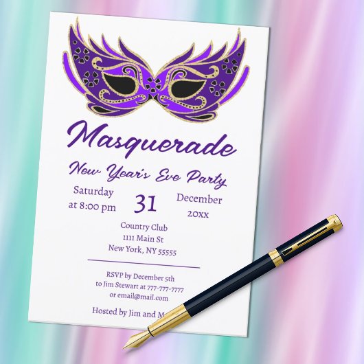 Paarse Masquerade Nieuwjaarsfeest Uitnodiging