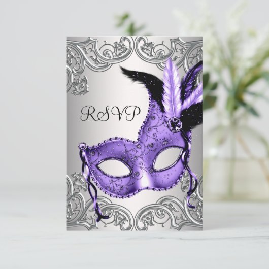 Paarse Masquerade Party RSVP (Staand voorkant)