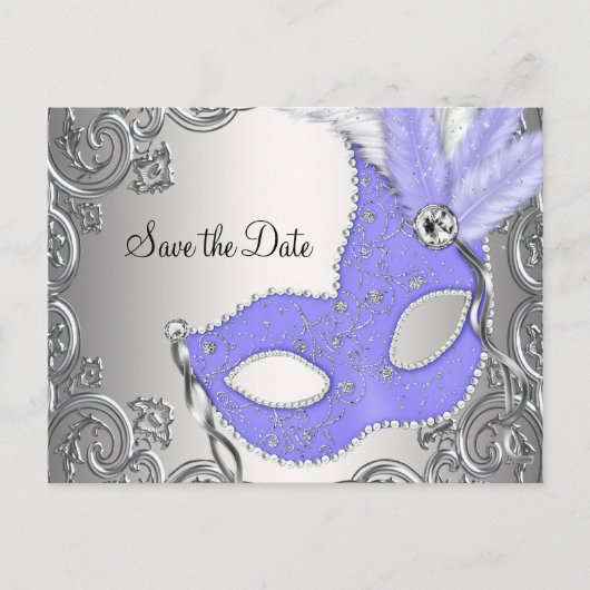 Paarse Masquerade Save The Date Aankondigingskaart (Voorkant)