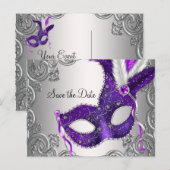 Paarse Masquerade Save The Date Aankondigingskaart (Voorkant / Achterkant)