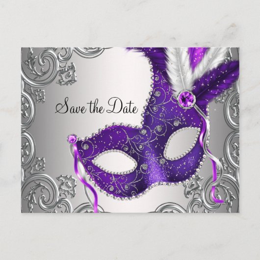 Paarse Masquerade Save The Date Aankondigingskaart (Voorkant)
