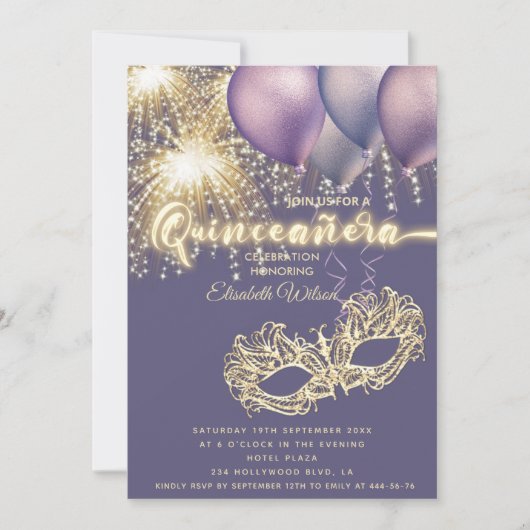 Paarse Masquerade sprankelend vuurwerk Quinceañera Kaart (Voorkant)