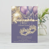 Paarse Masquerade sprankelend vuurwerk Quinceañera Kaart (Staand voorkant)