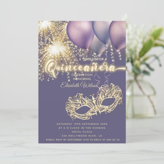Paarse Masquerade sprankelend vuurwerk Quinceañera Kaart (Staand voorkant)