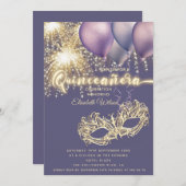 Paarse Masquerade sprankelend vuurwerk Quinceañera Kaart (Voorkant / Achterkant)