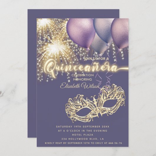 Paarse Masquerade sprankelend vuurwerk Quinceañera Kaart (Voorkant / Achterkant)