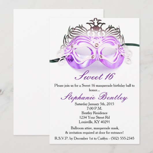Paarse Masquerade Sweet 16 Birthday Uitnodiging (Voorkant / Achterkant)