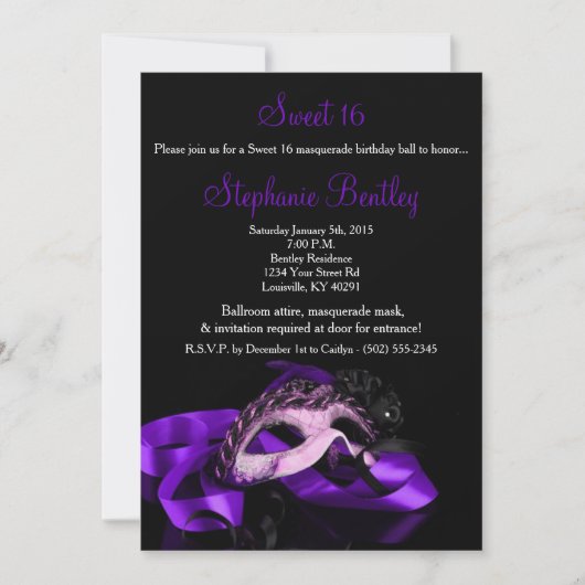 Paarse Masquerade Sweet 16 Birthday Uitnodiging (Voorkant)