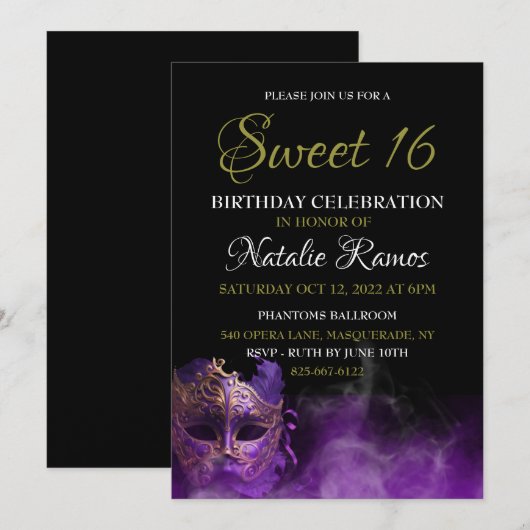 Paarse Masquerade Sweet 16 Uitnodiging (Voorkant / Achterkant)