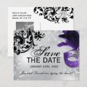 Paarse Masquerade Wedding Save the Date Aankondigingskaart (Voorkant / Achterkant)