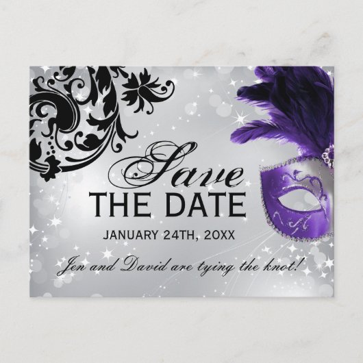 Paarse Masquerade Wedding Save the Date Aankondigingskaart (Voorkant)