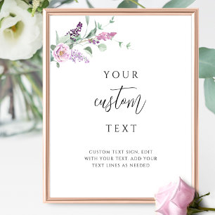 Paarse Mauve Bloemen Trouwbord met aangepaste teks Poster