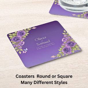 Paarse Mauve Bloemen & Witte Bruiloft Kartonnen Onderzetters