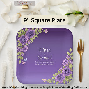 Paarse Mauve Bloemen & Witte Trouw 9" Vierkant Papieren Bordje