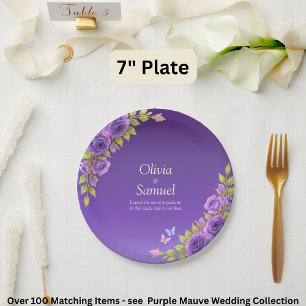 Paarse Mauve Bloemen & Witte Trouwset 7" Papieren Bordje