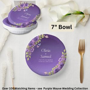 Paarse Mauve Bloemen & Witte Trouwset 7" Papieren Kommen