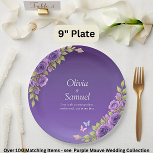 Paarse Mauve Bloemen & Witte Trouwset 9" Papieren Bordje