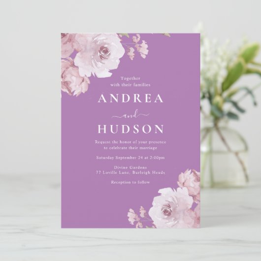 Paarse & Mauve Dusty Roos Bruiloft Kaart (Staand voorkant)