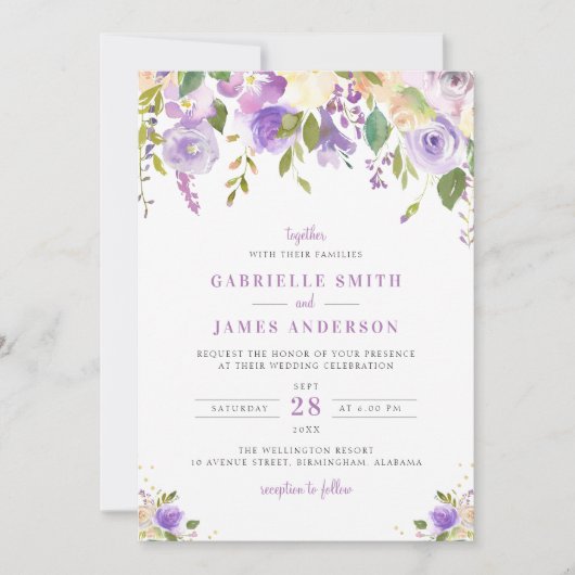 paarse, mauve en perzik bloemenbruiloft uitnodigin kaart (Voorkant)