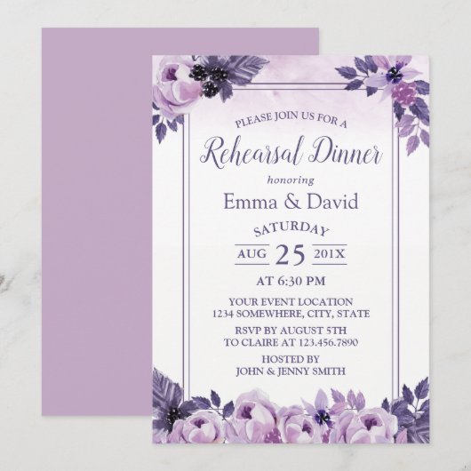 Paarse Mauve Floral Wedding Rehearsal Dinner Kaart (Voorkant / Achterkant)