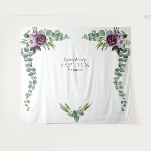 Paarse mauve Flowers Eucalyptus Baptisme Prop. Wandkleed (Voorkant (horizontaal))