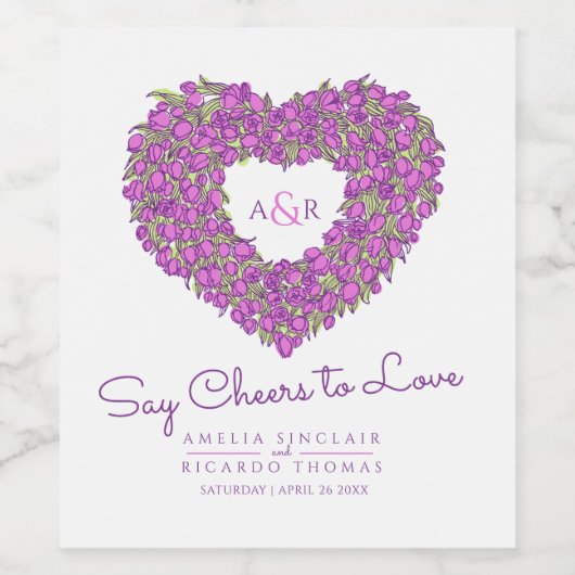 Paarse mauve geinkte tulp hart boeket bruiloft wijn etiket (Enkel label)
