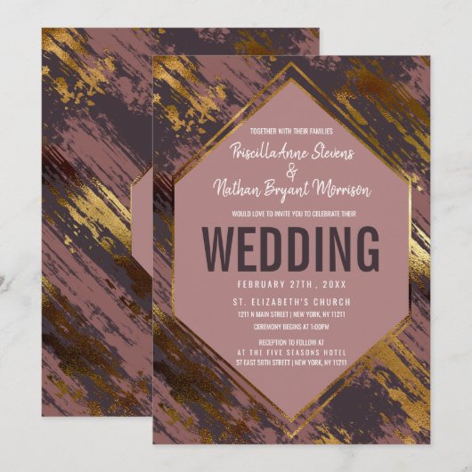 Paarse Mauve gouden penseelstreken moderne bruilof Kaart (Voorkant / Achterkant)