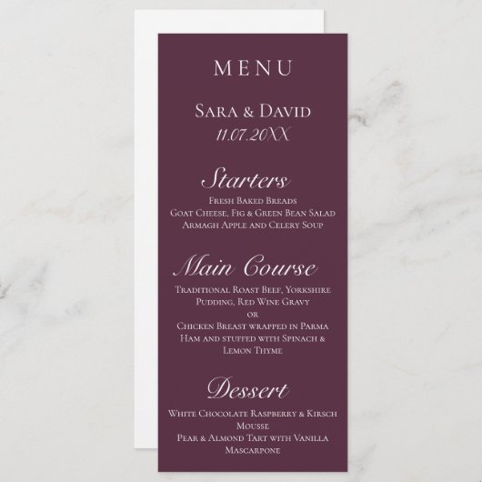 Paarse Mauve Modern Dark Wedding Menu Kaart (Voorkant / Achterkant)