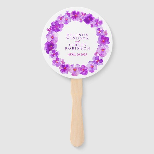 Paarse mauve pansy waterverf bruiloft programma fa handwaaier (Voorkant)
