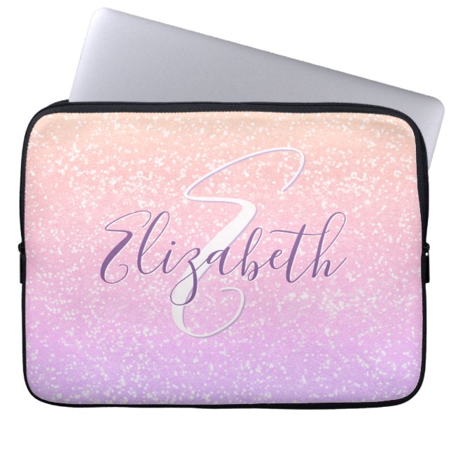 Paarse Mauve Peach Sequin Persoonlijke naam Laptop Sleeve (Voorkant)