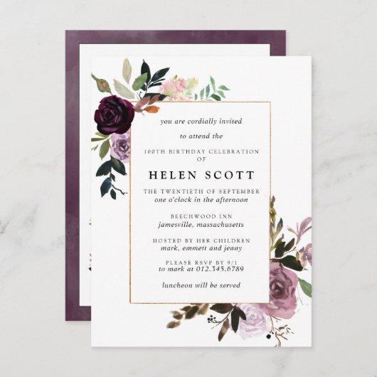 Paarse Mauve Pink Floral 100e verjaardag Uitnodiging Briefkaart (Voorkant / Achterkant)