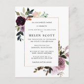 Paarse Mauve Pink Floral 100e verjaardag Uitnodiging Briefkaart (Voorkant)